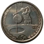 A golf ball marker: Isle of Man 5 pence coin. Change Golf Balls - UK Sugar Golf Pure.