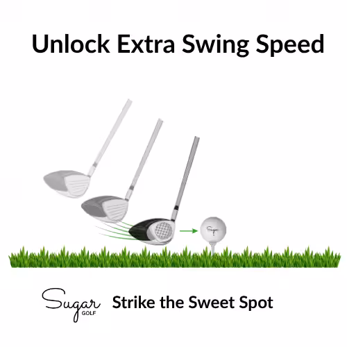 high-compression-golf-ball-strike-centre Sugar Golf graphic titled 'Unlock Extra Swing Speed' illustrating a driver hitting the sweet spot of a golf ball. The impact location on the club head is highlighted by the dark imprint of the ball's dimples against white foot spray—a low-tech tip providing instant feedback on strike accuracy to help you hit pure with the best value golf balls.