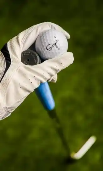 A senior golfer wearing a Sugar Golf glove and holding a 9-iron club and Sugar Soft golf ball with the left hand.