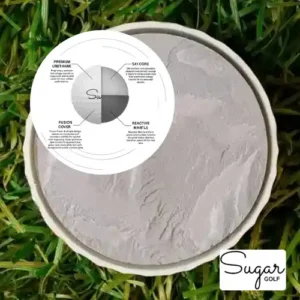 A diagram and cross-section showing the multi-layer construction of Sugar Golf's 3-piece urethane golf balls.