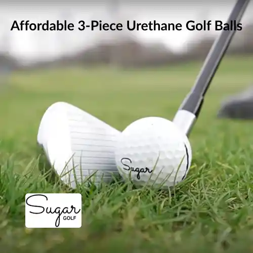 A close-up of a golf wedge addressing a Sugar Pure urethane golf ball greenside.