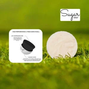 An exploded diagram detailing the 2-piece construction of sugar soft golf balls, showcasing the large low compression core and durable Surlyn cover.